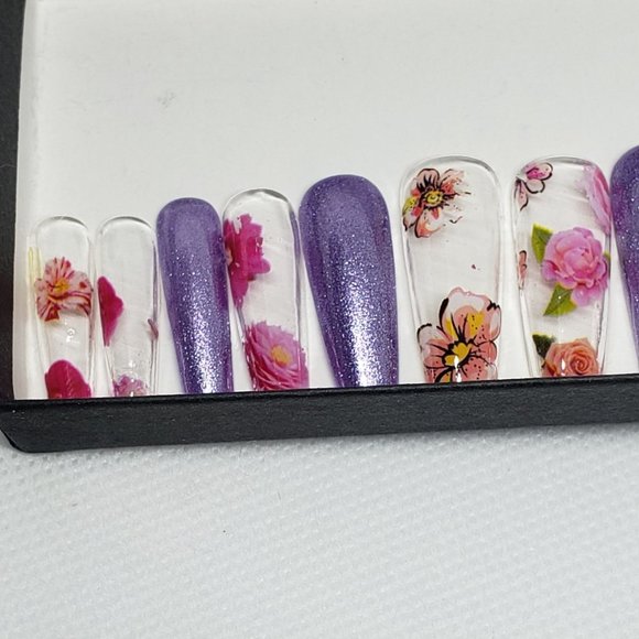 Long Ballerina Purple and Floral Design w/20 Nails - Picture 3 of 5